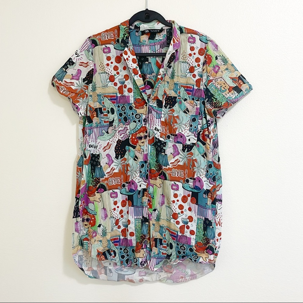 Zara pop art printed button down dress